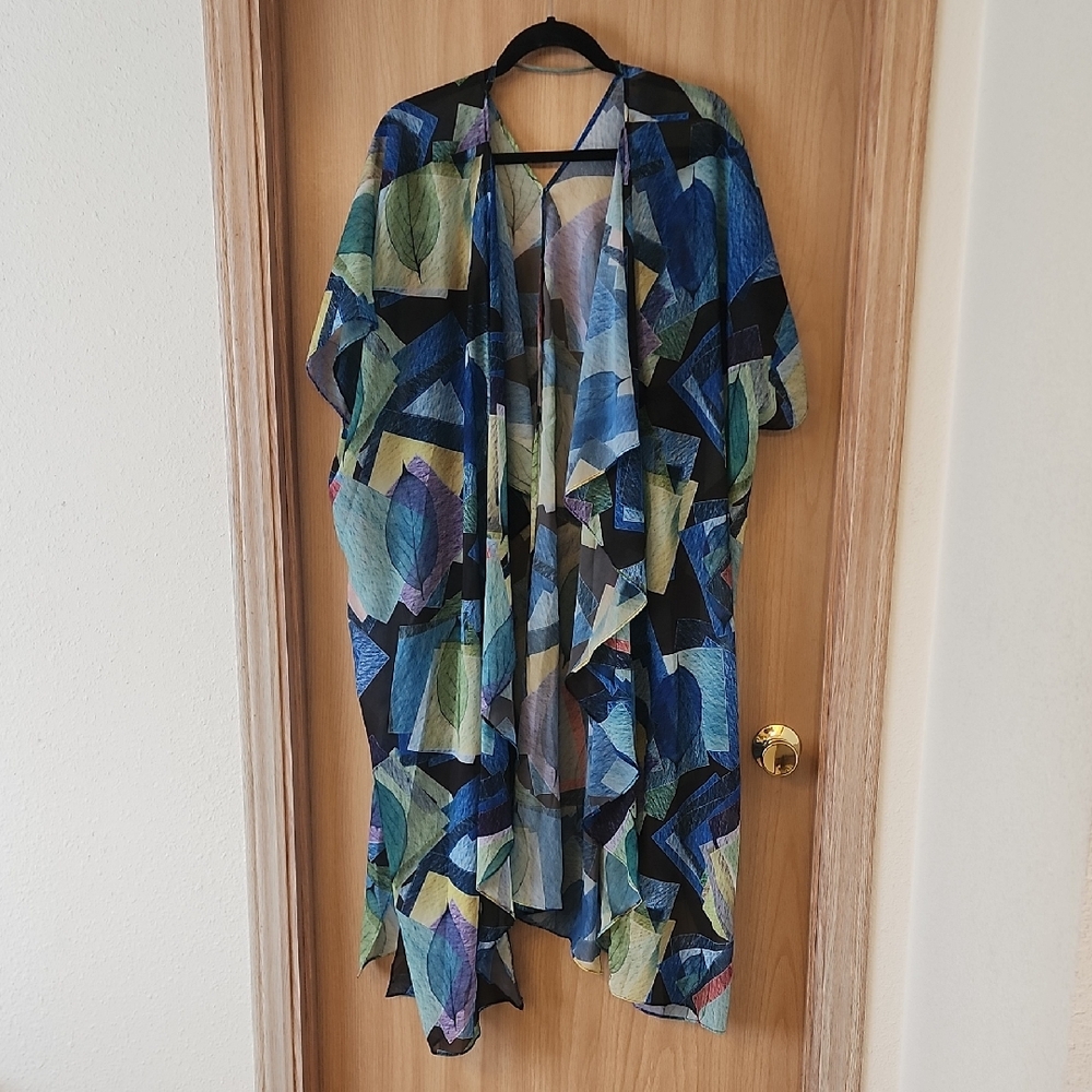 Umgee Blue Green Multi-Print Leaf Sheer Swim Coverup
